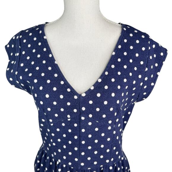 Maison Jules French Terry V-Neck Fit and Flare Dress Polka Dot Navy Blue White L - Picture 2 of 8
